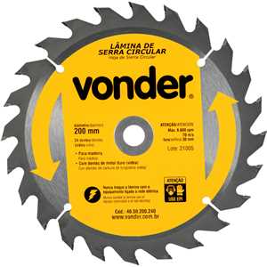 Lâmina de serra circular com dentes de metal duro/vídea, 200 mm x 30 mm, 24 dentes, VONDER