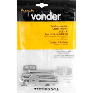 Parafuso máquina cabeça redonda, 3/16" x 2" BSW, com porca e arruela lisa, VONDER