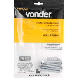Parafuso sextavado zincado, 3/16" x 1.1/2", UNC, rosca total, VONDER