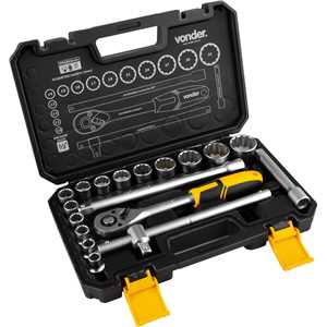 Jogo de soquetes estriados, encaixe 1/2", 10 mm a 32 mm, com 18 peças, VONDER