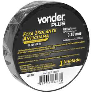 Fita isolante, 19,0 mm x 20 m, preta, VONDER PLUS