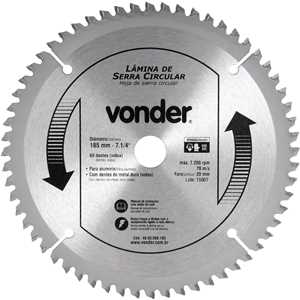 Lâmina de serra circular com vídea, para alumínio, 185 mm x 20 mm x 60 dentes, VONDER