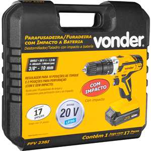 Parafusadeira/furadeira de impacto a bateria, 20 V, fonte de carregamento bivolt automática, PFV 238I VONDER