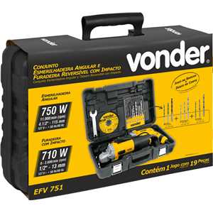 Conjunto esmerilhadeira de 4.1/2", 750 W e furadeira de 1/2", 710 W, 127 V~, com jogo de brocas e disco, EFV 751, VONDER