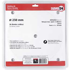 Lâmina de serra circular com dentes de metal duro/vídea, 250 mm x 30 mm, 36 dentes, NOVE54