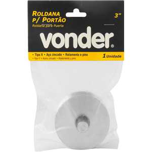 Roldana para portão 3", tipo V, aço zincado, com rolamento e pino, VONDER