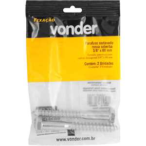 Parafuso sextavado rosca soberba 3/8" x 80 mm, cartela com 2 peças VONDER
