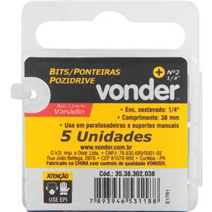 Jogo de bits ponteira pozidrive, com encaixe 1/4", nº 2 x 38 mm, VONDER