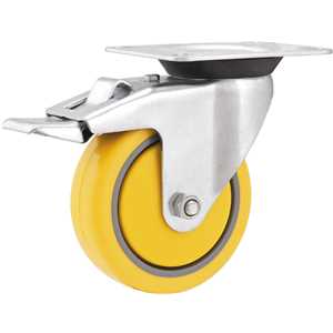 Rodízio giratório 4", de poliuretano e PVC, amarelo, com freio, VONDER