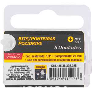 Jogo de bits ponteira pozidrive, com encaixe 1/4", nº 2 x 25 mm, VONDER