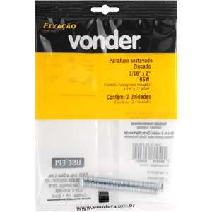 Parafuso sextavado zincado, 3/16" x 2", UNC, rosca total, VONDER