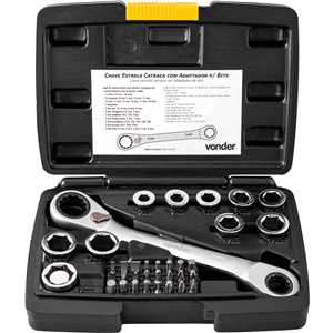 Jogo de chaves estrela com catraca e adaptador para bits (8 mm a 19 mm), VONDER