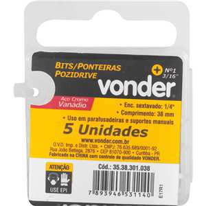 Jogo de bits ponteira pozidrive, com encaixe 1/4", nº 1 x 38 mm, VONDER