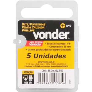 Bits/ponteira phillips com encaixe 1/4", nº 2 x 50 mm, com 5 peças, VONDER