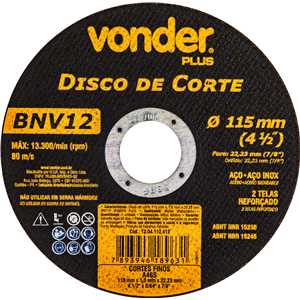 Disco de corte 115 mm x 1 mm x 22,23 mm BNV12, VONDER PLUS