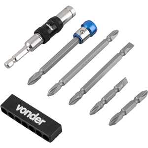 Jogo de bits/ponteiras com 8 peças, encaixe sextavado de 1/4", com extensão magnética articulada, VONDER