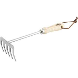 Ancinho para jardim em aço inox, com 5 dentes, cabo em madeira, VONDER PLUS