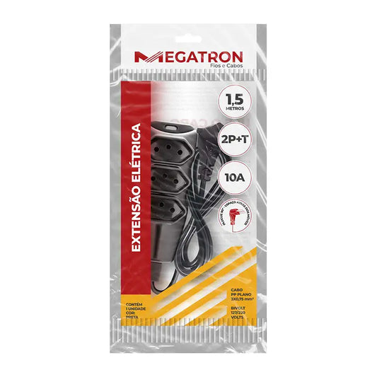 Extensão 1,5M Pp 3 Saídas Preta 2P+T Megatron Bivolt