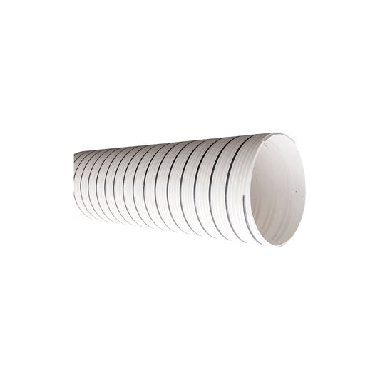 Tubo de PVC estruturado helicoidal BR Loc DN 750 mm em fundo branco, com o perfil nervurado e a boca do tubo